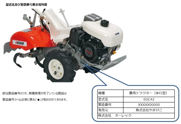 株式会社やまびこ　耕うん機　型式名および製造番号表示場所の図。表示は燃料タンク下方にあり、該当製造番号のうち無償修理が完了している製品は製造番号ラベル近傍に黒丸が貼付されております