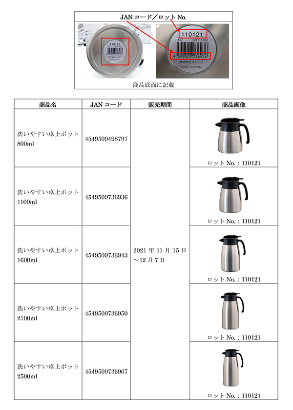 2021/12/16　株式会社カインズ　卓上ポット　対象製品の外観、確認方法