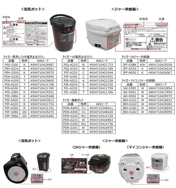 2022/04/15　タイガー魔法瓶株式会社　電気湯沸器、電気炊飯器対象製品の外観