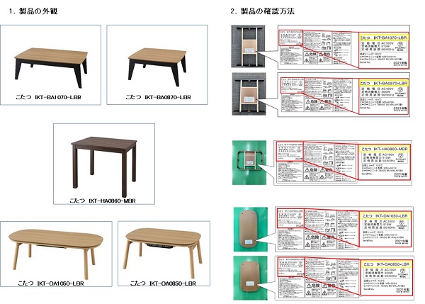 2023/05/15　アイリスオーヤマ株式会社　電気こたつ対象製品の外観、確認方法